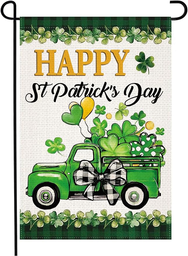 Doncida St Patricks Day Shamrocks Truck Garden Flag 12x18 Inch Double Sided, Burlap Lawn Buffalo Plaid Yard Flag for Outside Decoration