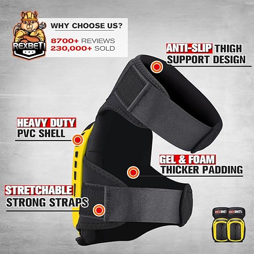 REXBETI Knee Pads for Work, Construction Knee Pads for Men, Heavy Duty Comfortable Anti-slip Foam Gel Knee Pads for Gardening Flooring and Cleaning, Strong Stretchable Straps, Yellow