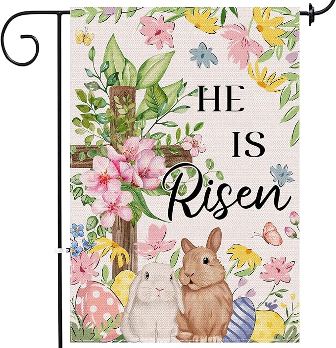 Easter Bunny Flag 12x18 Inch Double Sided Outside, He Is Risen Easter Flag Lamb Flowers Cross Decorations Outdoor Yard Burlap