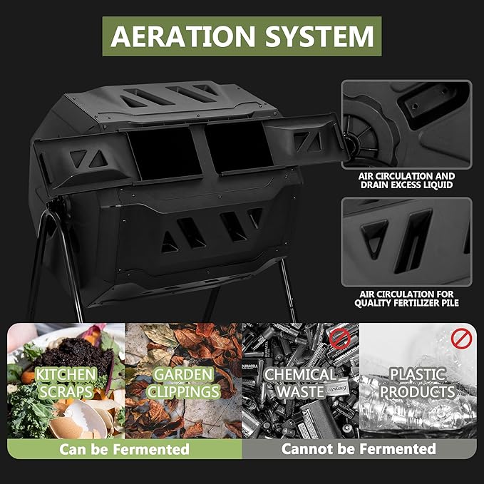 SUPER DEAL Outdoor Compost Tumbler, 43 Gallon Dual Chamber BPA Free Large Compost Bin 360° Rotating Tumbling Composter for Garden Yard, Black