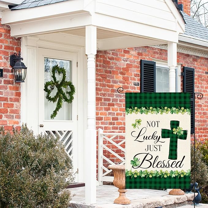AVOIN colorlife Lucky Clover St Patricks Day Garden Flag Vertical Double Sided, Buffalo Plaid Rustic Farmhouse Shamrock Yard Outdoor Decoration 12 x 18 Inch, Green
