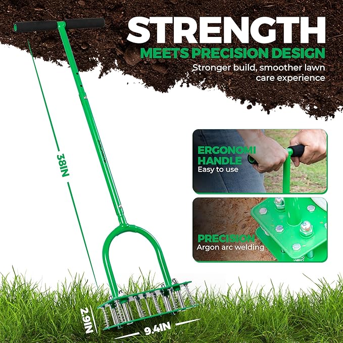 GrdnCare Aerator Lawn Tool with 15 Iron Spikes, 6-Spring Self-Cleaning Heavy-Duty Lawn Aerator Tool -Automatic Reset & Dirt/Leaf Clean System for Soil Loosening & Dethatching in Yard, Patio & Garden