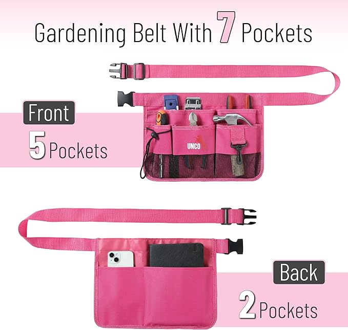 UNCO- Adjustable Gardening Belt, Pink, 7 Pockets, Wear, Cut and Water Resistant, Garden Tool Belt Pouch, Waist Apron with Pockets