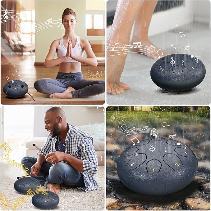 Rain Drum for Outside Garden, 6 Inches 8 Notes Steel Tongue Chakra Drums, Waterproof Echo Rain Chime Meditation Drums, Musical Instruments for Adult Gift with Bag, Music Book, Drum Mallets (Navy Blue)