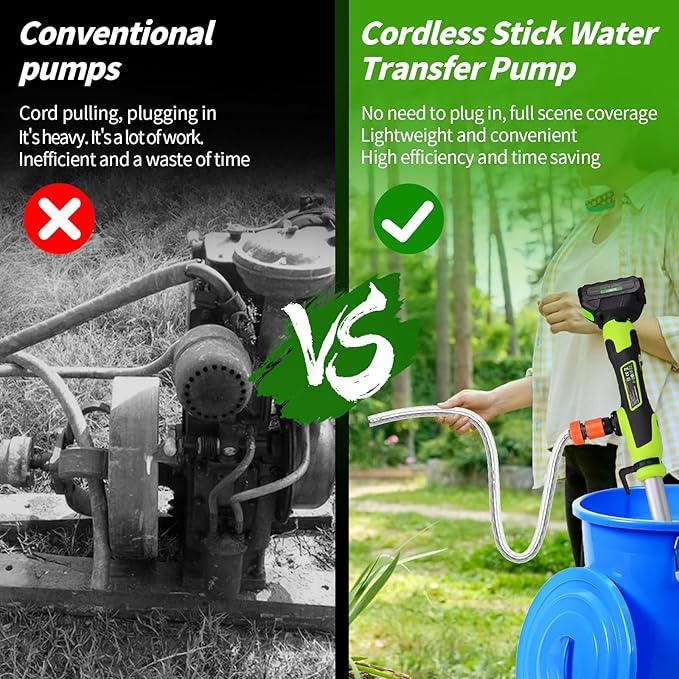 Cordless Stick Water Transfer Pump, Battery Powered Portable Stick Utility Pump with 2x2000mAh 21V Battery，720GPH, 33FT Head，3/4" Outlet for Gardens, Ponds, Boats, RVs, Underground Garages