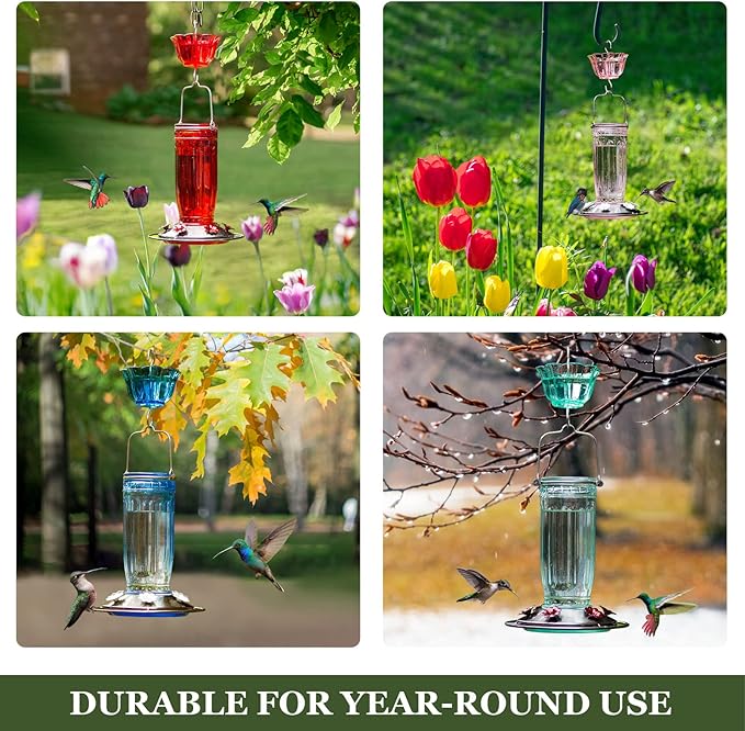 Kingsyard Glass Hummingbird Feeder for Outdoors Wild Bird Feeder with 6 Feeding Ports Hanging for Garden Yard, Pink (Ant Moat Included)