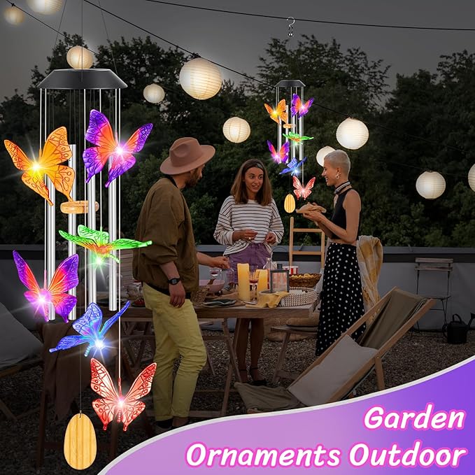 Womens Gifts for Christmas Wind Chimes Gift for Mom Birthday Gifts for Women Mom Butterfly Wind Chimes for Outside Gift for Grandma Solar Lights Garden Outdoor House Patio Décor