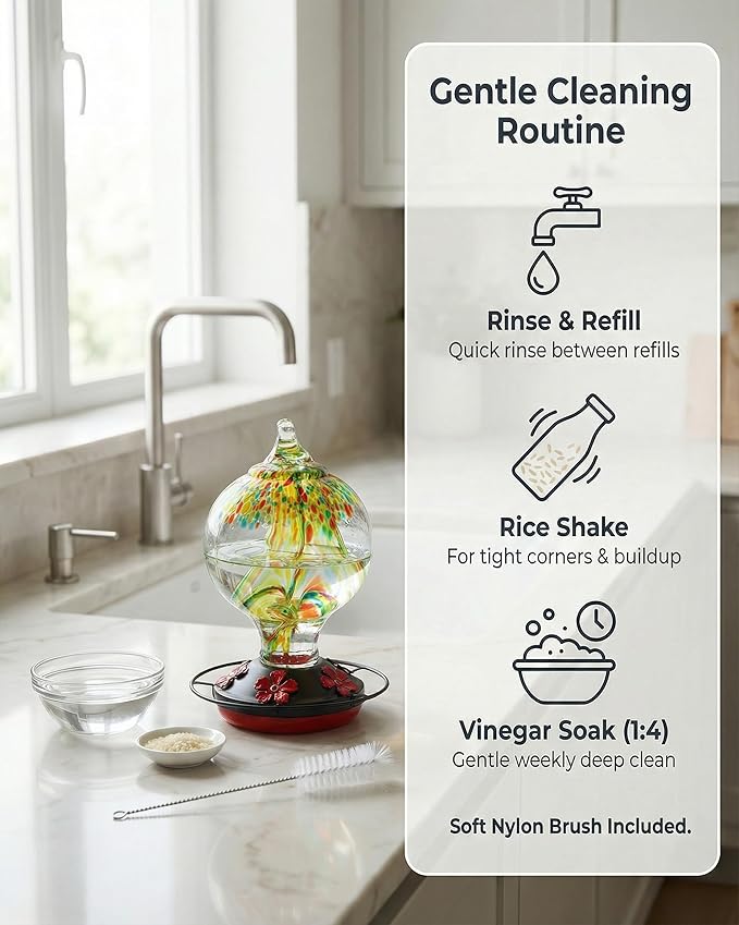 Hummingbird Feeder for Outdoors Hanging, 34 Oz, Handcrafted Gift Inner Glass Décor for Bird Garden Lover, Ant Moat & Bee-Resistant Ports, Hook & Brush Included, Golden Meadow