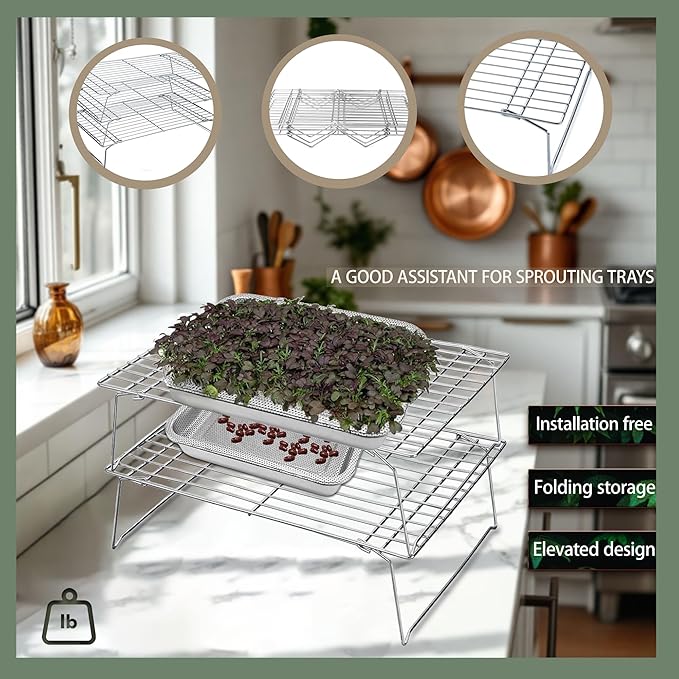 Sprouts Growing Rack 4-Tier 14 inch Shelf, Metal Foldable Plant Stand for Sprouting Tray Indoor, Seed Starting Tray Plant Shelf, Silver Rack for Kitchen Table Top Space Saving