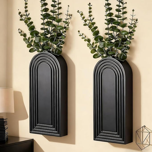 2 Pack Wooden Wall Vase Set, Boho Hanging Planter for Indoor Plants & Flowers, Wood Wall-Mounted Planters for Living Room, Modern Farmhouse Entryway or Bathroom, Rustic Art for Home (Black)