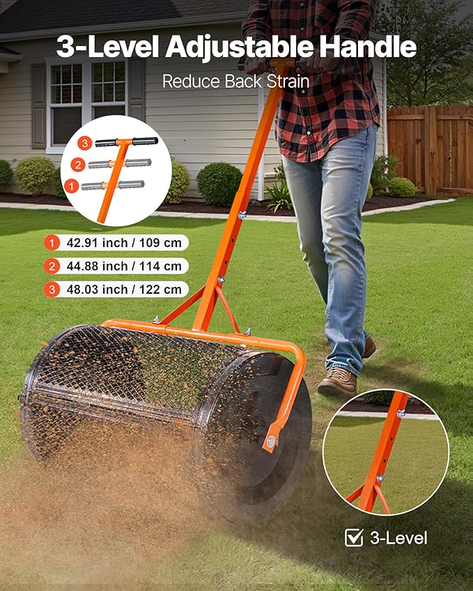 VEVOR Compost Spreader, 24 in Wide Peat Moss Spreader with T Shaped Handle, 3 Heights Adjustable, Powder-Coated Steel Garden Peat Moss Roller, Heavy Duty Grass Seed Spreaders for Planting Seeding