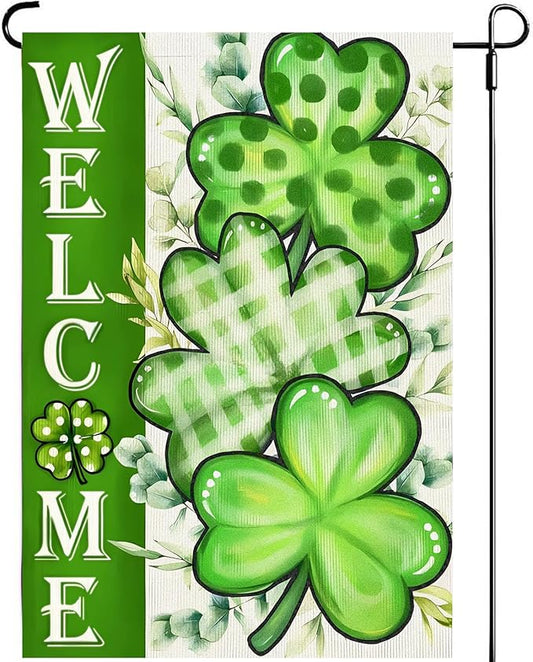 Welcome St Patricks Day Shamrock Garden Flags 12x18- Small Lucky Shamrock Garden Flag Double Sided Banner for Holiday Yard Outside