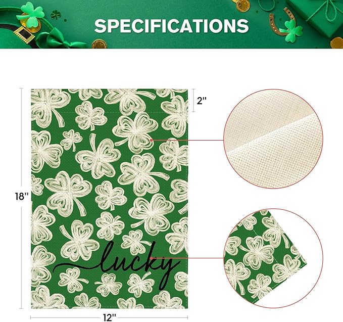 AVOIN colorlife St Patricks Day Garden Flag 12x18 Inch Double Sided Outside, Green Shamrock Lucky Clover Holiday Yard Outdoor Flag