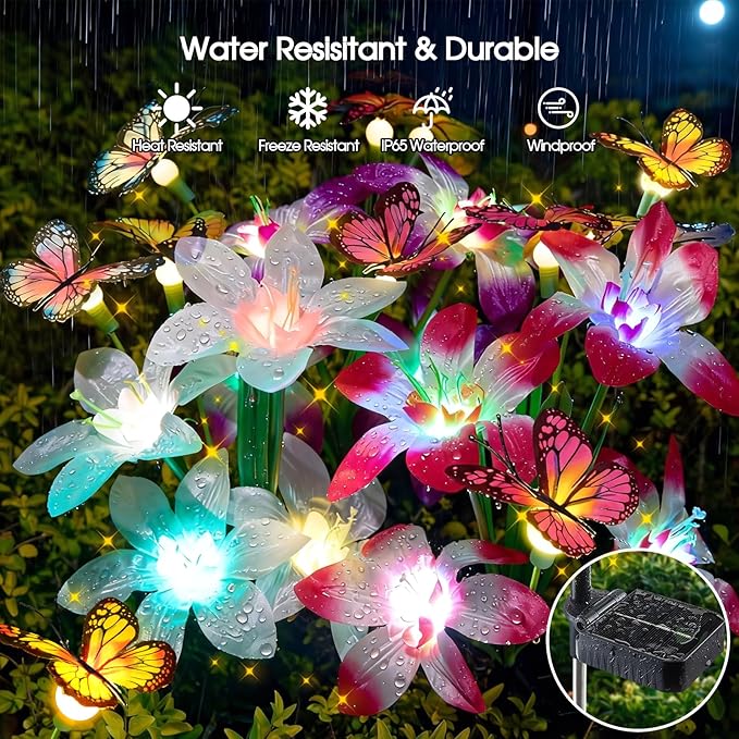 Garpar Solar Lights Outdoor Decorative, Upgraded 4 Pack Flowers with 16 Color Changing Lilies and 12 Butterflies, Brighter Waterproof Garden Decor for Yard Lawn Pathway, Mom Women Grandma Gift