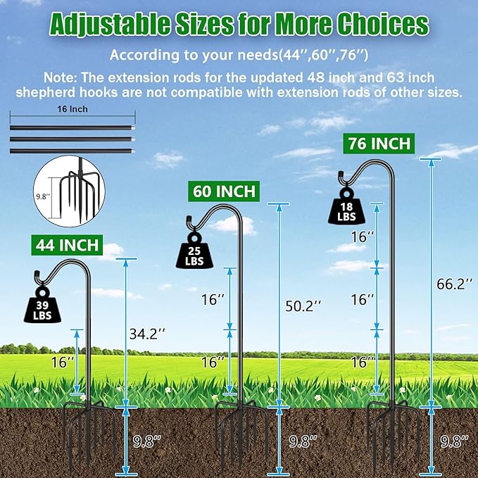 FEED GARDEN 76'' Bird Feeder Pole, Heavy Duty Shepherds Hooks for Outdoor with 7-Prong Base, Adjustable Shepherds Hook for Hummingbird Feeder, Lanterns, Plants, Wedding Decor (1 Pack)