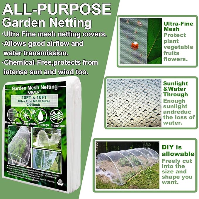 Garden Barrier Netting, Plant Covers 10x10Ft Ultra Fine Mesh Netting Protect for Vegetable Plants Fruits Flowers Crops Greenhouse Row Covers Raised Bed Barrier Screen Birds Animals Protection Net