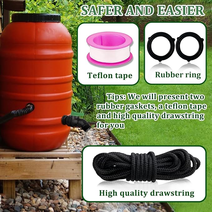 Plastic Rain Barrel Spigot Kit - High Flow Water Barrel Faucet with Bulkhead Fitting, 3/4" NPT to 3/4" GHT Leak-Proof Rain Barrel Spigot with Seal Tape & Gasket for Water Tank, Garden Barrel