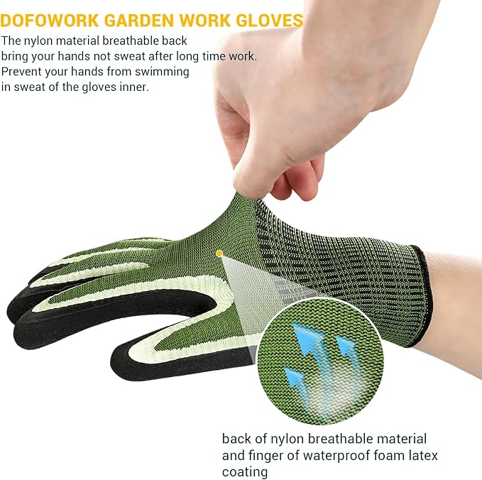 DOFOWORK Gardening Gloves - 6 Pair Gardening Gloves for Women/Men, Breathable Natural Latex Garden Gloves with Grip
