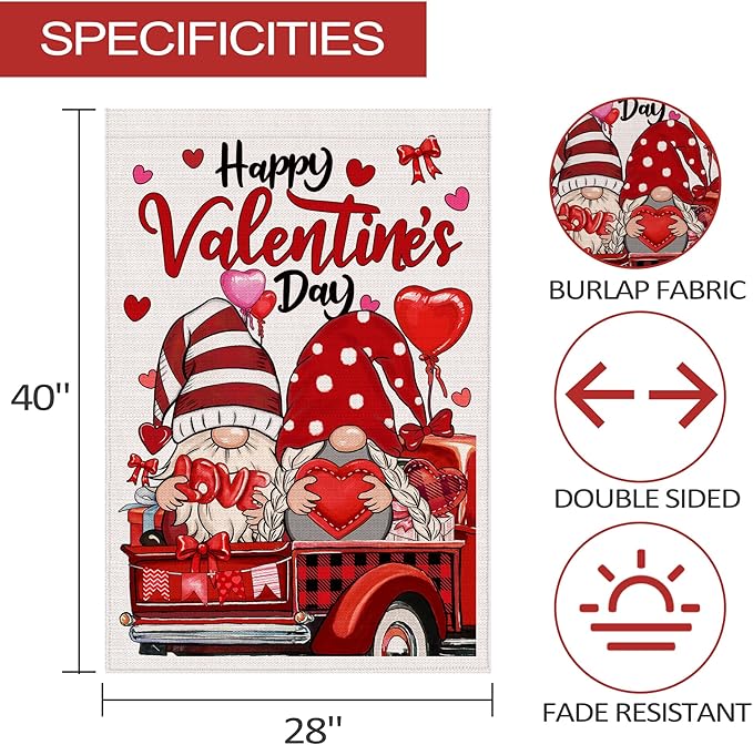 Valentines Gnomes House Flag, Happy Valentines Gnomes Outdoor Decor Gnomes Truck Flag 28x40 Double Sided Red, Valentine Decorations Burlap Flags Rustic Welcome Love Outdoor