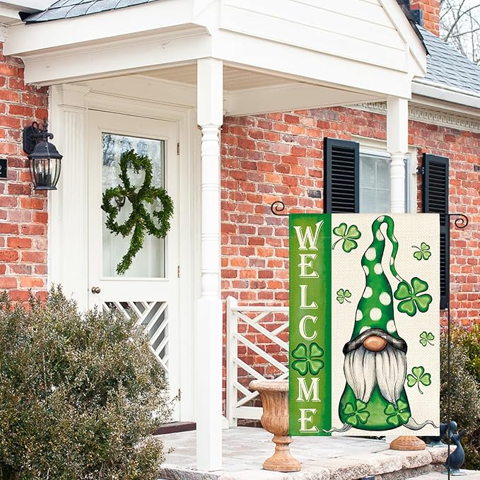 AVOIN colorlife Welcome St Patricks Day Garden Flag 12x18 Inch Double Sided, Leprechaun Gnome Shamrock Lucky Clover Holiday Yard Outdoor Flag