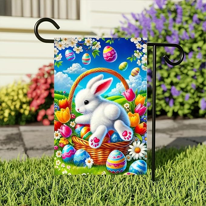 Happy Easter Egg Bunny Garden Flag 12 x 18 inch Double Sided Outside decorations,Spring Flower Small Garden Flags For Outdoor Yard Lawn
