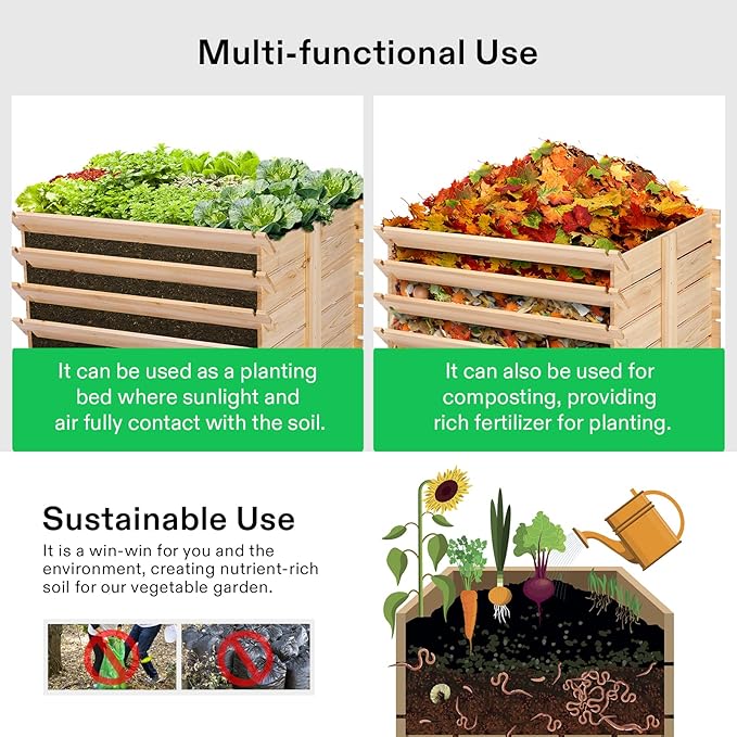 VIVOSUN Wooden Compost Bin, Removable Front Door, Easy to Setup for Backyard, Lawn (Black with Gloves and Liner)