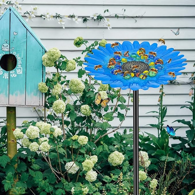 Bee Watering Station Feeder, Metal Butterfly Water Feeder with 30 Colorful Glass Marbles, Bee Waterer Feeder for Butterfly Bird Garden Outdoor Decors (Blue Chrysanthemum)
