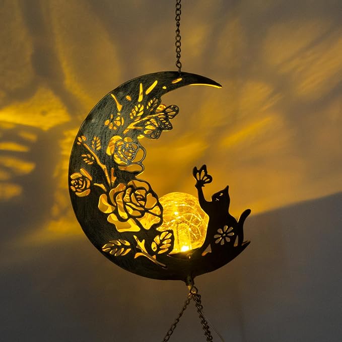 Cat Moon-Wind Chime, Cat Lover Gift Solar-Lantern Windchime, Wind Chimes Outdoor, Garden-Gifts, Garden Moon Decor, SolarWind Chimes, Solar-Light, Patio Hanging Light, Gifts for Mom, Grandma,Sister