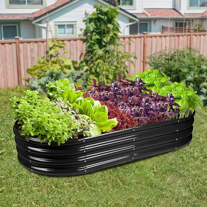 Raised Garden Bed GRS Certified Galvanized Planter Box Outdoor, 6.5ft Oval Rot-Resistant Metal Garden Bed Planter, Recycled Eco-Friendly Material Planter for Vegetables Flowers Herbs (Black)