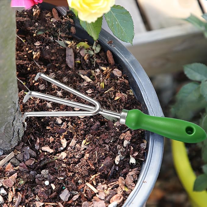 Garden Rake Soil Tiller, Stainless Steel Claw Gardening Tools with Ergonomic Handle, Bow Rake Garden Fork Hand Rake Cultivator, Great for Gardening, Cultivating, Loosening Soil, Spreading Mulch