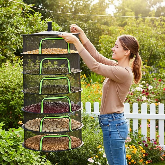 Coloch 6 Layer Herb Drying Rack with Zipper, Foldable Food Drying Net Collapsible Hanging Seed Drying Mesh with Garden Shear, Hook, Bag, for Plant, Seed, Bud, Fruit, Food, 23.6”x47”