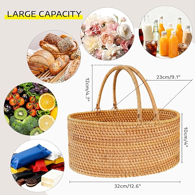 Handwoven Rattan Picnic Basket Sturdy Handles, Oval Storage Organizer for Camping, Wedding, Home, Kitchen(12.6"×9.1"×4")