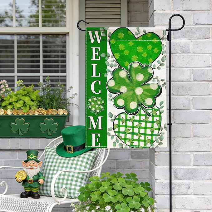 St. Patrick's Day Garden Flag 12x18 Inch Double Sided for Outside Green Clover Heart Small Burlap welcome Holiday Outdoor Lawn Farm House Yard Flag Decor