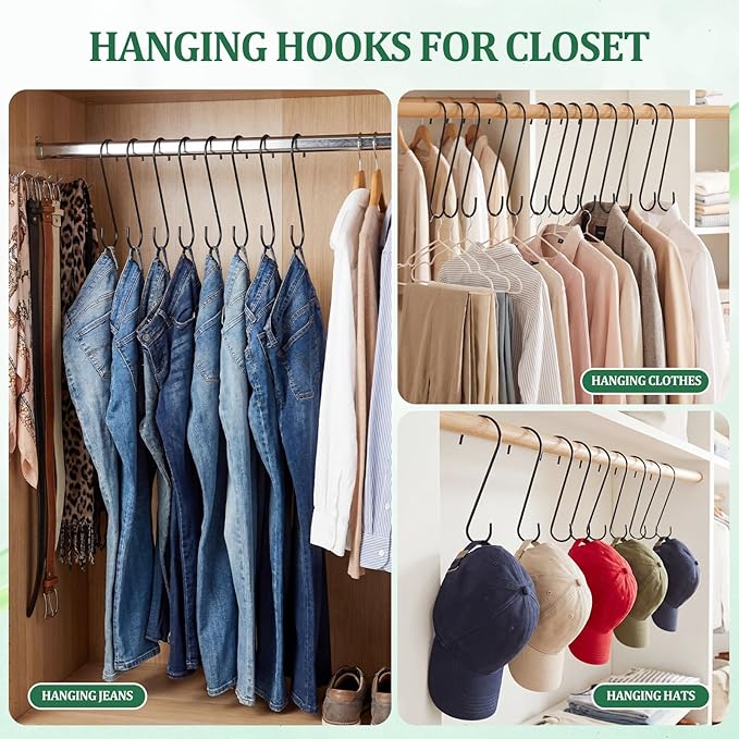 12 Pack 10 Inch Medium S Hooks for Hanging Plants & Closet Organization, Black Vinyl Coated Metal Hangers for Jeans Purses Towels Bird Feeders Heavy Duty Utility Metal Hooks