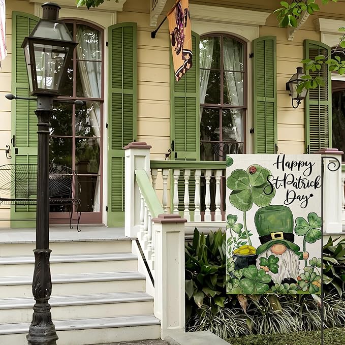 Happy St Patricks Day Garden Flags for Outside, Irish Gnome with Lucky Shamrocks Small Seasonal Decoration for Holiday Anniversary Yard Outdoor Decor 12x18 Inch Double Sided