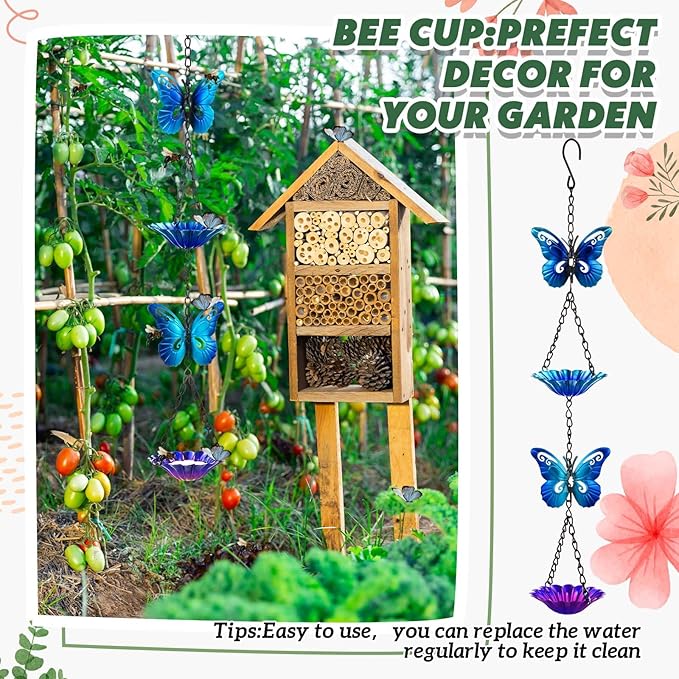 Tandefio Bee Watering Station for Garden Bee Butterfly Feeder Hanging Bath Bowl with Vivid Flower Design 15.75 x 2.56 Inch Colorful Metal Cups for Outdoor Yard Garden Decoration Gifts