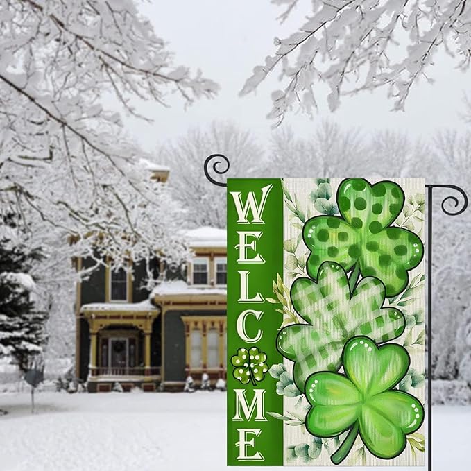 Welcome St Patricks Day Shamrock Garden Flags 12x18- Small Lucky Shamrock Garden Flag Double Sided Banner for Holiday Yard Outside