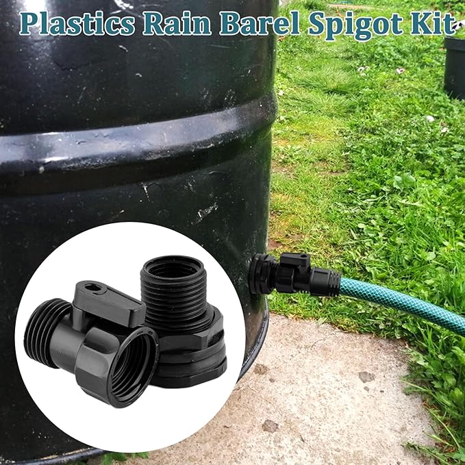 4 Pack Rain Barrel Spigot Kit, 3/4'' GHT Shut Off Valve with Bidirectional Thread Bulkhead Fitting, Plastic Garden Hose Faucet Adapter for Water Tanks, Rain Barrels & Containers