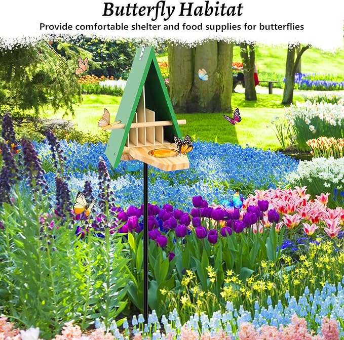 New Butterfly House and Feeder for Outside, Wooden Butterfly House with Metal Stake for Garden, Natural Butterfly Habitat with Butterfly Puddler on The Floor or Hanging on Tree Wall