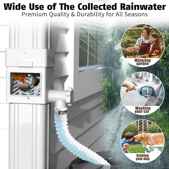 Anivia Rainwater Collection System, Rain Barrel Diverter Kit Fits for 2x3 or 3x4 Inch Standard Downspouts, Downspout Diverter with Adjustable Valve and Filter. 5ft Hose (White)