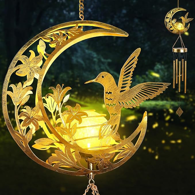 Hummningbird Solar Outdoor Wind Chimes - Unique Moon Hummingbird Design, for Mothers, Grandmothers, Sisters, Friends and Girls on Birthdays, Christmas, Thanksgiving and Mother's Day