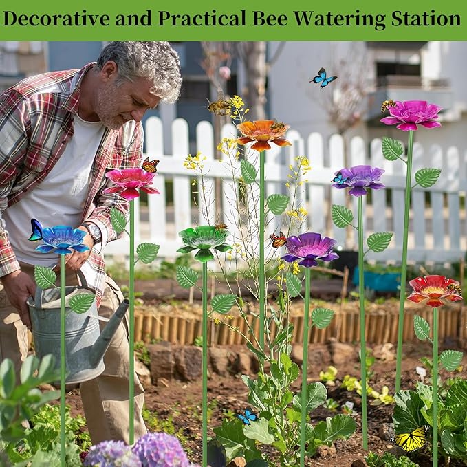 8 Pack Bee Watering Station - Flowers Butterfly Feeder, Bee Water Feeders for Outside, Metal Garden Decor, Bee Baths for Garden Yard Patio