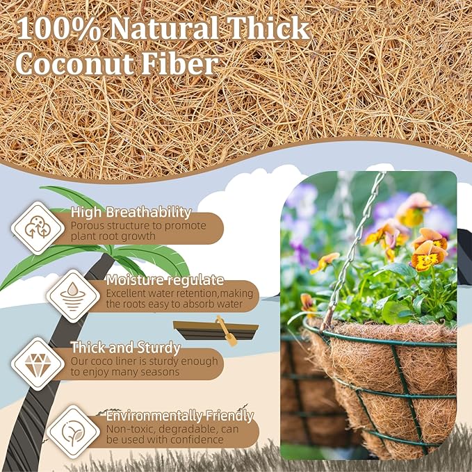Legigo 4 Pack 10 Inch Hanging Basket Coco Liners Replacement, 100% Natural Round Coconut Coco Fiber Planter Basket Liners for Hanging Basket Flowers Vegetables