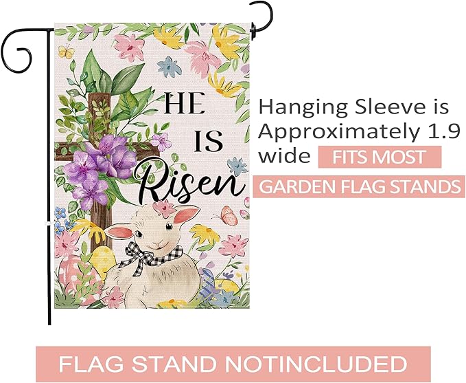 Easter Garden Flag 12x18 Inch Double Sided Outside, He Is Risen Easter Flag Burlap Lamb Flowers Cross Decorations Outdoor Yard