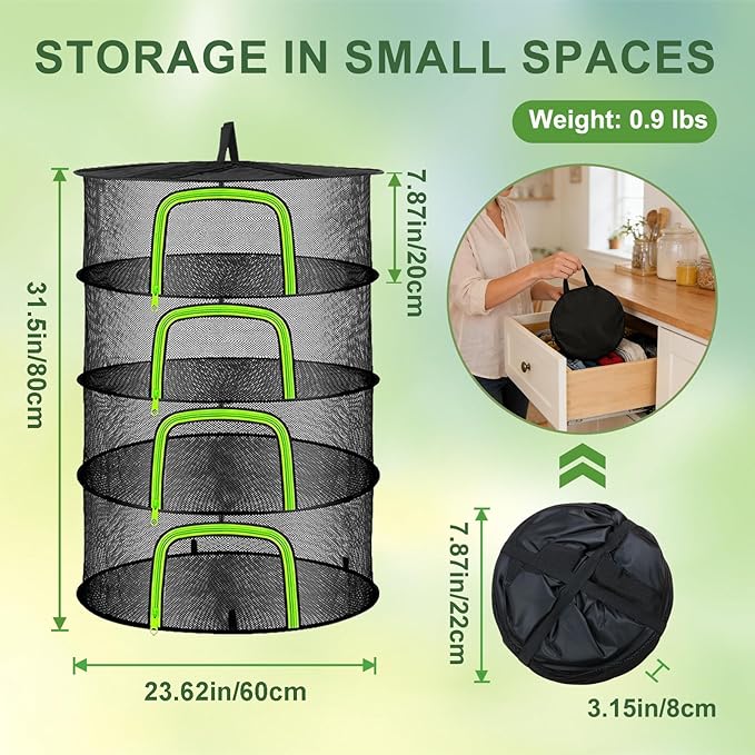 4 Layer Herb Drying Rack, Hanging Mesh Net, Foldable Plant Drying Rack With U-Shaped Zipper, Garden Trimming Shears and Hooks, For Drying Herbs Plants, Fruits, Seafood, Clothing(4 Layers-23.62'')