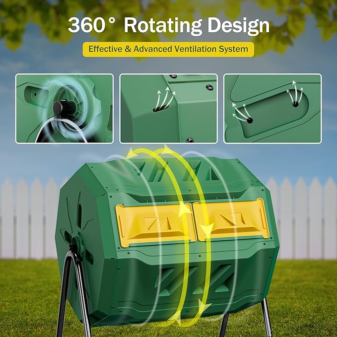 SUPER DEAL Outdoor Composter Bin, 43 Gallon Dual Chamber Composter Tumbler 360° Rotating BPA Free with Sliding Doors Heavy Duty Steel Frame for Garden Yard Kitchen Waste, Green