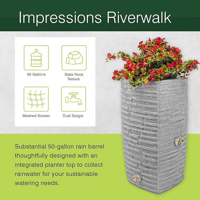 Good Ideas Impressions Riverwalk Rain Water Collection Barrel, Dark Granite, 50 Gallon - Faux Slate Rock Rainwater Catcher, Plastic Storage Drum with Dual Robust Metal Spigots & Fine Mesh Screen