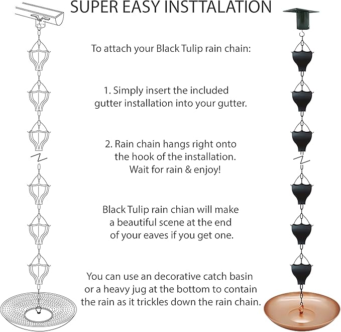 Original 9FT Black Tulip Iron Rain Chains for Gutter and Rain Barrel, Replacement for Downspout, Rust-Resistant Plated Garden Décor Rain Chain, Bonus Rain Chain Gutter Adapter, Earrings for House