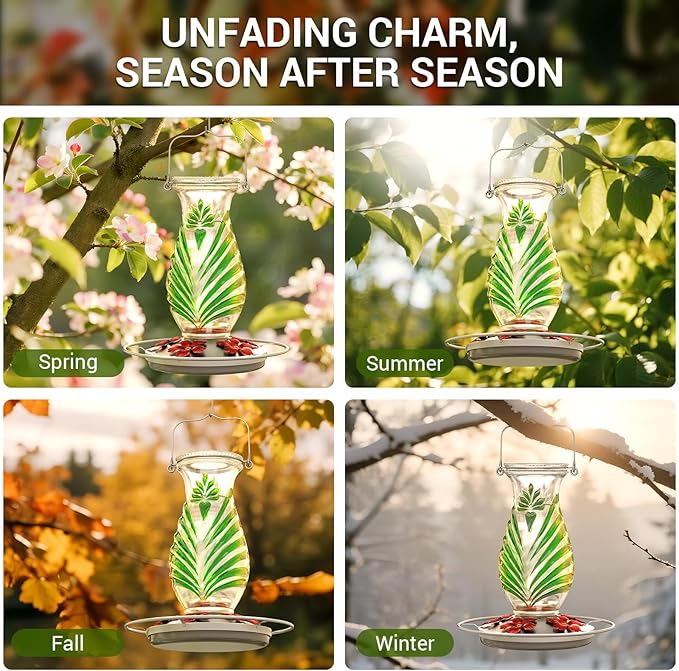Hummingbird Feeder for Outdoors, 24oz Glass Nectar Feeder with Perch & 5 Flower Feeding Ports, Leakproof Hanging Bird Feeder for Garden Yard Decor, Outside Gifts for Women & Mom, Spring Green