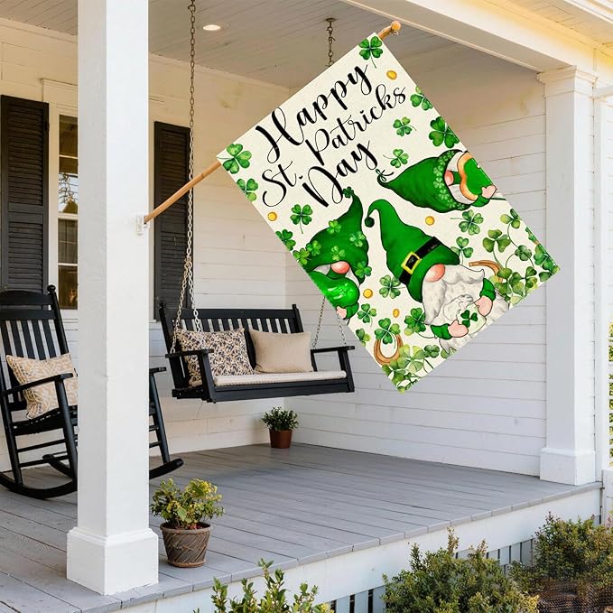 Gnomes Green Shamrocks Clovers St. Patrick's Day House Flag Large 28X40 Inch Big Vertical Double Sided Yard Outdoor Outside Holiday Decoration